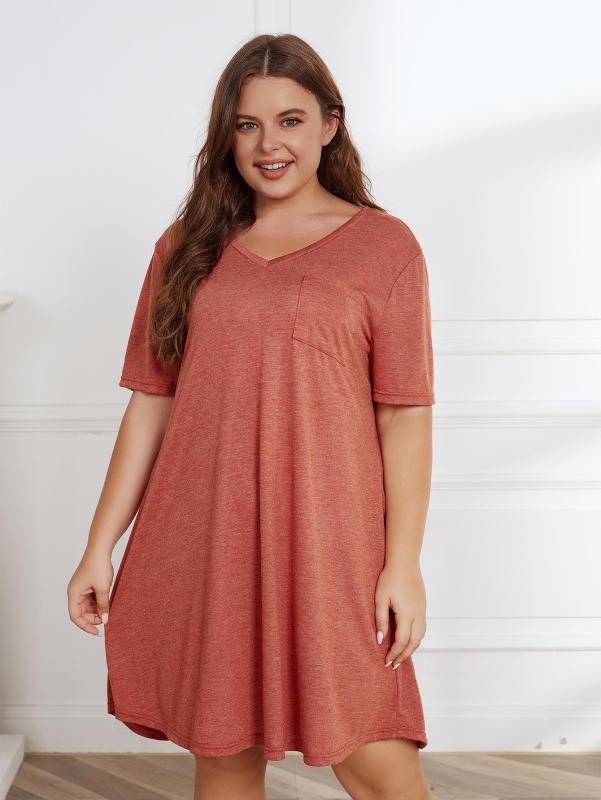 Plus Size Ladies Solid Color Casual Loose Pocket Dress