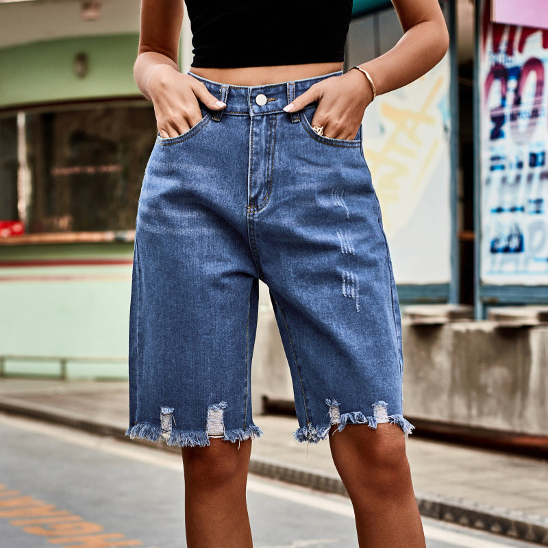 Summer new fashion ripped raw edge fringed five point jeans