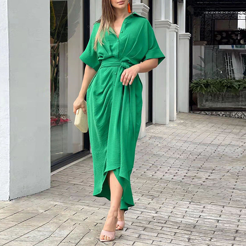 Women's Solid Color Short Sleeve Single-Breasted High Waist Shirt Dress