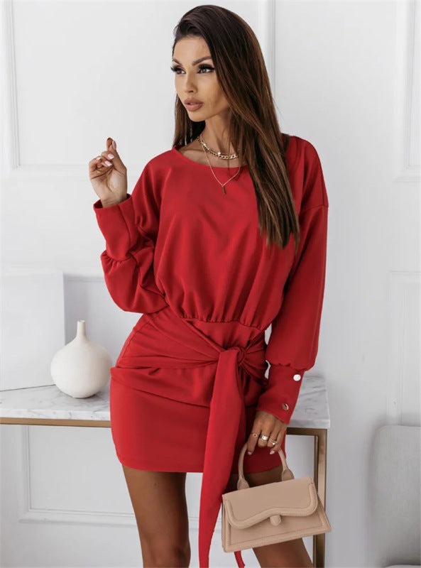 Long-sleeve wrap-butt slim tie round neck dress