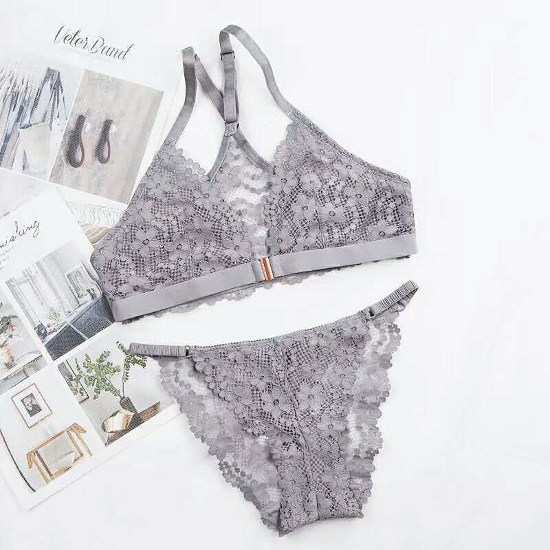 Front Button Net Lace Cup Back Bra and Thong Set