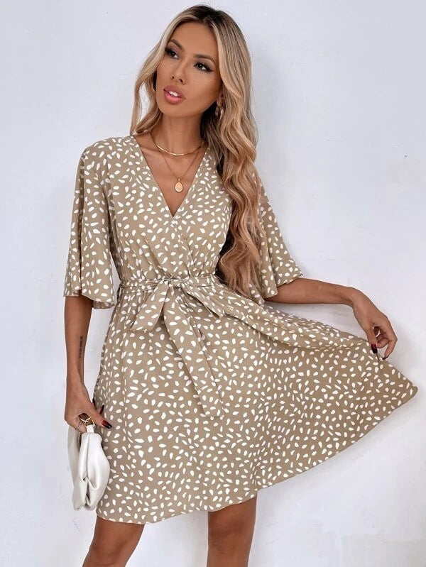 V-neck printing short-sleeved waist all-match dress