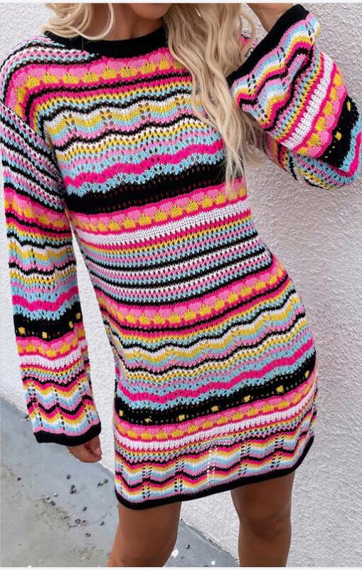 Women'S Rainbow Stripe Pullover Medium Length Sweater