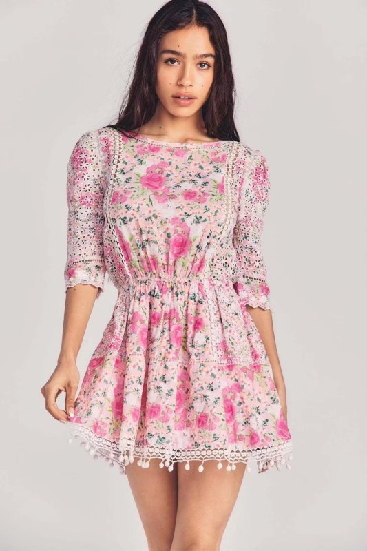 Floral printed cotton embroidered lace-paneled crewneck dress