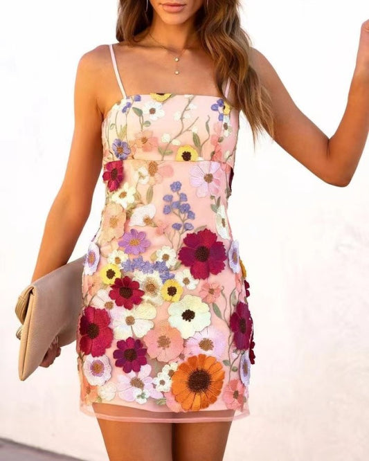 New women's three-dimensional flower embroidery suspender dress skirt